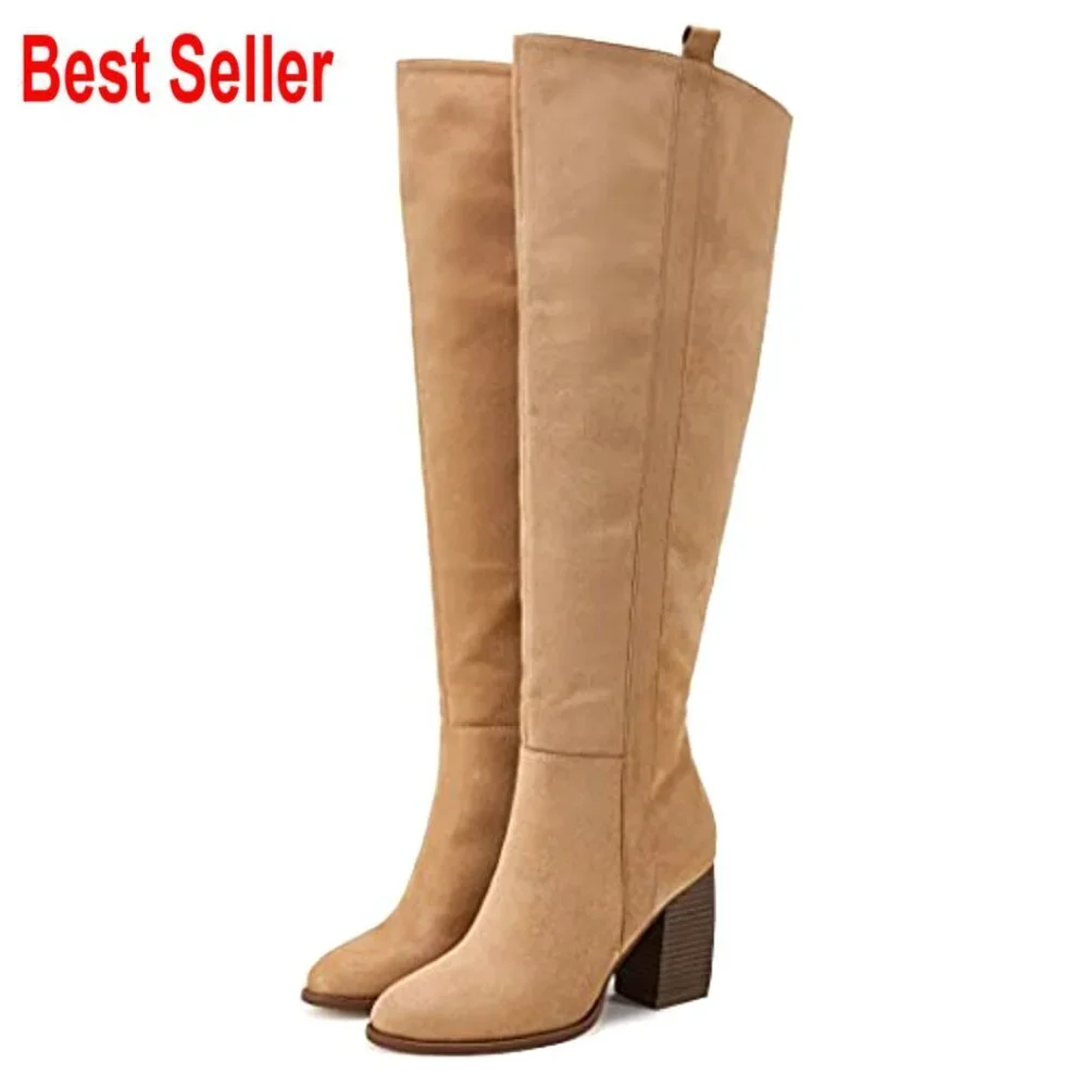 Faux Suede Over The Knee Thigh High Boots Pointed Toe Chunky Block Heel